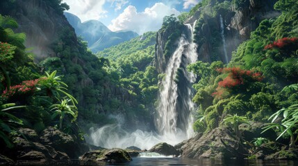 Wall Mural - The dramatic waterfall tumbles down a steep mountain slope, with the water crashing into a clear pool and sending a fine mist into the air