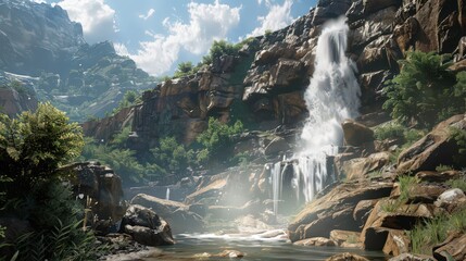 Poster - The dramatic waterfall tumbles down a steep mountain slope, with the water crashing into a clear pool and sending a fine mist into the air