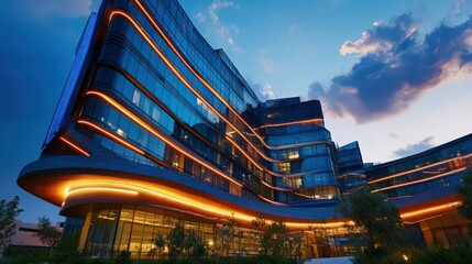 Sticker - The dynamic exterior of a high-rise hospital, illuminated at night with a modern design, showcasing its prominence in the cityscape and commitment to healthcare