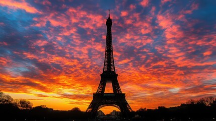 Sticker - The Eiffel Tower against a dramatic sunset sky, with warm hues creating a striking contrast with the dark silhouette of the landmark