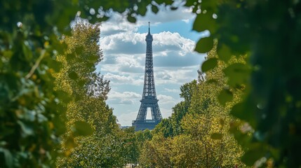 The Eiffel Tower from a distance, framed by the trees of the Bois de Boulogne, highlighting its integration into the Parisian landscape