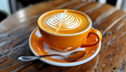 Orange latte art in a floral design served on a white saucer with a silver spoon nestled beside it