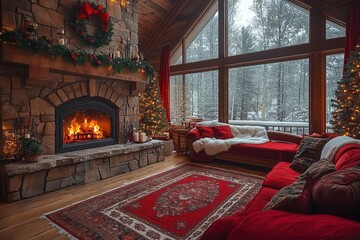 Wall Mural - cozy winter living room with roaring fireplace and snowfrosted windows christmas decorations add warmth to inviting interior creating perfect holiday ambiance