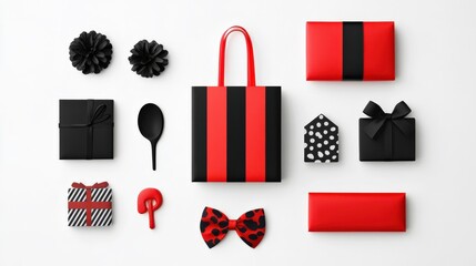 Minimal concept of Black Friday, A collection of Black Friday icons, vector elements, bold black and red, isolated on white background, Copy space for text, no logo, no brand, no trademark