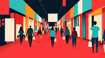 Wall Mural - Crowded shopping mall, Black Friday deals signs, flat design illustration, Copy space for text, no logo, no brand, no trademark