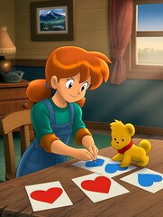 Canvas Print - Little girl draws hearts on paper with her teddy bear watching.