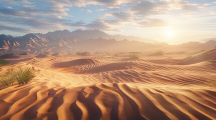 Poster - The expansive desert landscape highlights the beauty of sweeping dunes and distant mountain ranges,