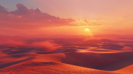 Poster - The expansive desert scene highlights a breathtaking sunrise over the horizon, with warm hues of orange and pink illuminating the rolling sand dunes