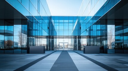 Sticker - The exterior of a government building with a high-tech, futuristic design, featuring reflective glass, geometric shapes