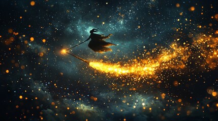 Witch Flying on Broom with Magic Sparkles in Night Sky