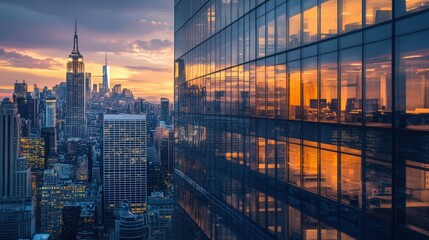 Sticker - The exterior of a high-rise office building at dusk, with illuminated windows and a striking skyline backdrop creating a dramatic city scene