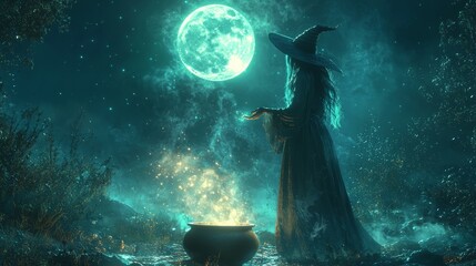 Mysterious Witch Casting Spell Under Full Moon