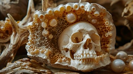 Canvas Print - Human Skull with Pearls: A Still Life of Mortality and Beauty