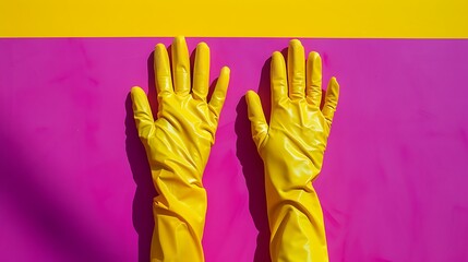 Wall Mural - Yellow gloves on pink and purple background