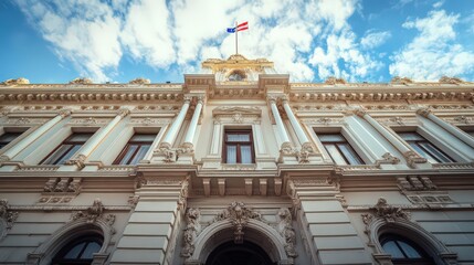 Poster - The facade of a historic government building with traditional architecture, ornate details, and a large flagpole displaying the national flag