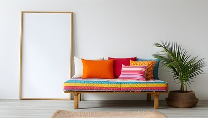 Canvas Print - Vibrant striped beach chair with a wooden frame on a clean white backdrop