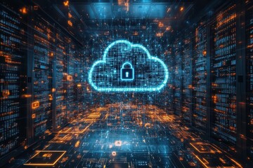 Canvas Print - cybersecurity cloud fortress glowing digital shield surrounding cloud servers binary rain padlock icons futuristic data protection visualization