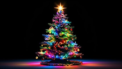 Wall Mural - Vibrant Christmas tree adorned with colorful lights and a shining star against a sleek black backdrop, ideal for festive designs