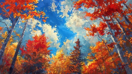 Sticker - The forest is ablaze with fall foliage, featuring a vibrant tapestry of red, orange, and gold leaves against a backdrop of crisp blue skies and gentle sunlight