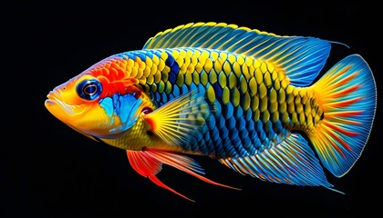 Vibrant tropical fish showcasing a brilliant palette of blue, yellow, and red scales against a striking black background