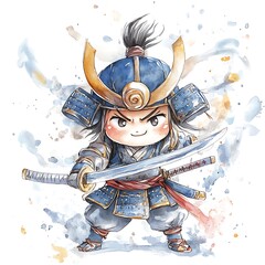 Sticker - Watercolor Illustration of a Cute Samurai Warrior with a Sword.