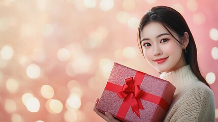 Beautiful young Asian woman happy with gift box This scene has a Christmas tree and a blurred background on New Year's Day.