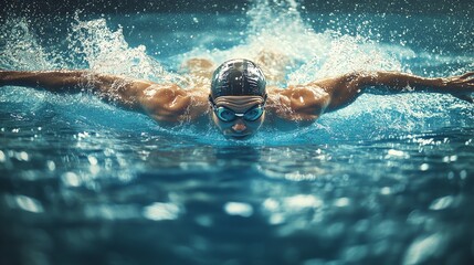 Canvas Print - A swimmer wearing a swim cap and goggles swims the butterfly stroke underwater.