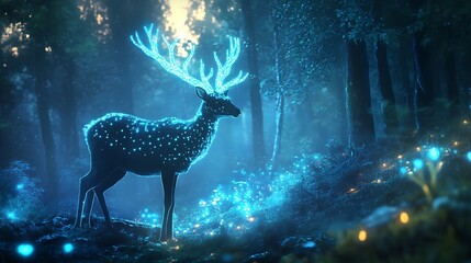 Canvas Print - Magical Deer in Enchanted Forest with Glowing Antlers and Fireflies.