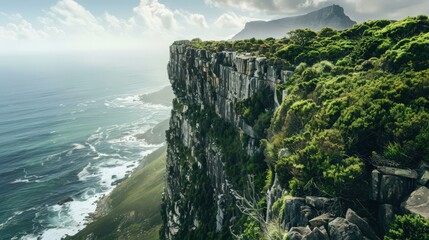 Sticker - The rugged cliffs of Table Mountain, with lush vegetation clinging to the steep slopes and a distant view of the ocean