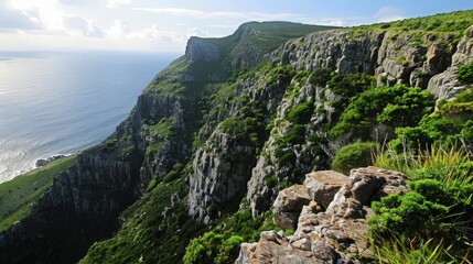 Poster - The rugged cliffs of Table Mountain, with lush vegetation clinging to the steep slopes and a distant view of the ocean