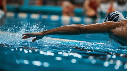 Canvas Print - A swimmer wearing a swim cap and goggles swims the butterfly stroke underwater.