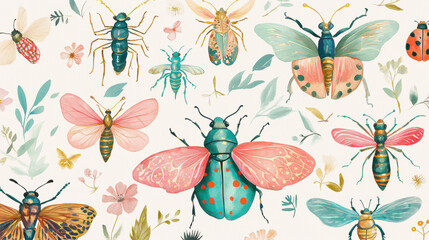 Sticker - Watercolor Insects Pattern.