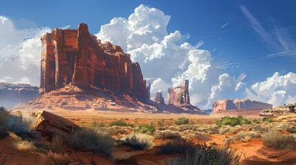 Wall Mural - The rugged desert terrain features isolated rock formations and sparse vegetation, with a vast sky