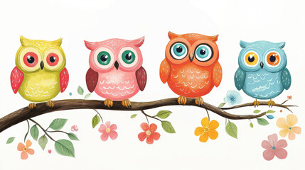 Poster - Colorful Owls on Branch.