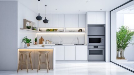 Wall Mural - All-white kitchen space with modern appliances and a clean, organized layout.