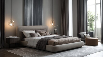 Contemporary bedroom decor with a statement bed frame, textured fabrics, and elegant lighting for a serene ambiance