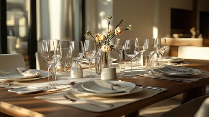 Contemporary dining table setting with stylish tableware, neutral tones, and creative centerpiece design