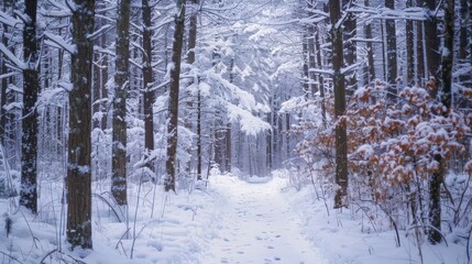 Poster - The serene beauty of a snow-covered forest path, where trees are adorned with a thick layer of snow,