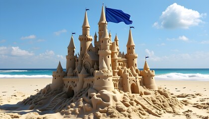 Wall Mural - Majestic sandcastle adorned with blue flags proudly towering over golden beach sands