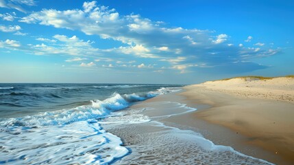 Poster - The serene coastline stretches along the shore, where gentle waves lap against sandy beaches and lush dunes provide a picturesque setting.