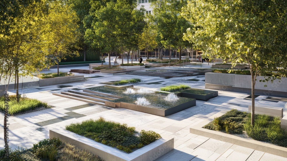 Contemporary public square with geometric design elements, water ...