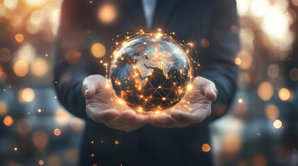 Poster - Businessman holding a glowing earth with network connections, symbolizing global business and technology