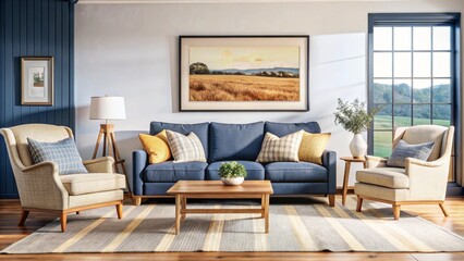 Wall Mural - Farmhouse interior design of modern living room, home. Classic chair and sofa against wall with poster frame.
