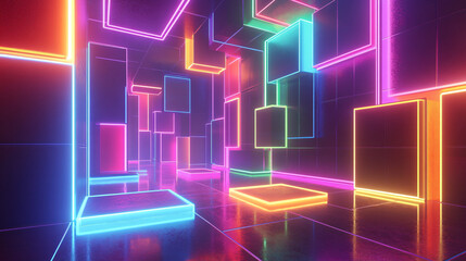 Poster - Futuristic corridor with neon cubes in vibrant purple, blue, pink, orange, and green hues, blending modern architecture and technology