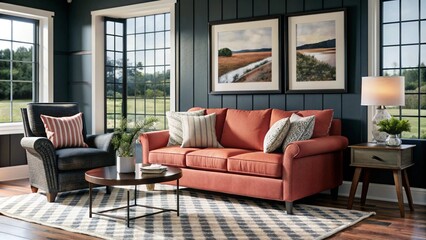 Wall Mural - Farmhouse interior design of modern living room, home. Classic chair and sofa against wall with poster frame.
