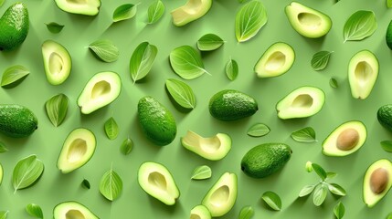 Seamless pattern of halved and whole avocados with green leaves on a green background. Fresh tropical fruit concept.