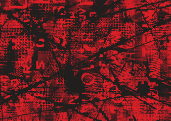 Wall Mural - Background with glitch distorted grungy  textures . Cyber punk background texture with halftone dots, glitched shapes, textures and lines .Screen print vector background with grunge textured surface.