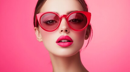 Wall Mural - Beautiful woman wearing red sunglasses and lipstick posing on pink background