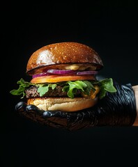 Chef holding beef burger in his hand, black background with copy space, hight detailed upscaled image