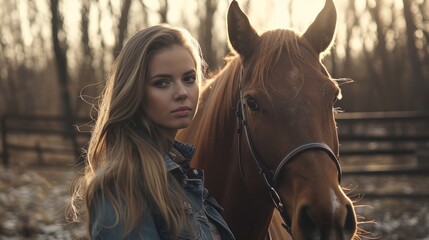 Wall Mural - A woman stands next to a brown horse in a field